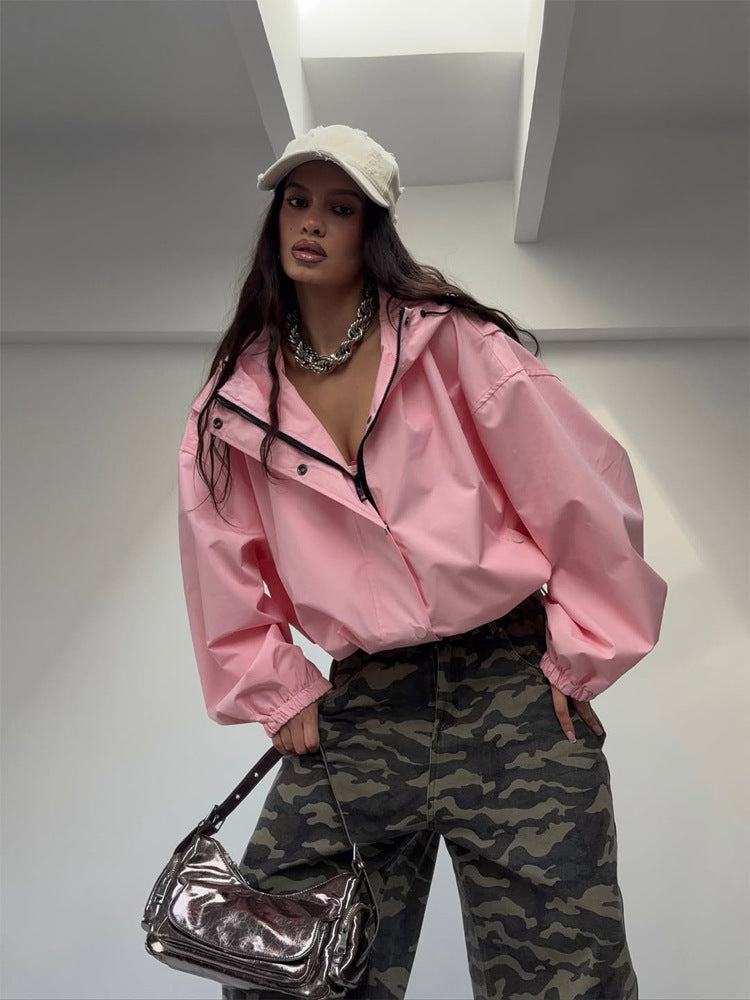 Women's Oversize Windbreaker Jacket with Hood and Short Cropped Cut Amarae