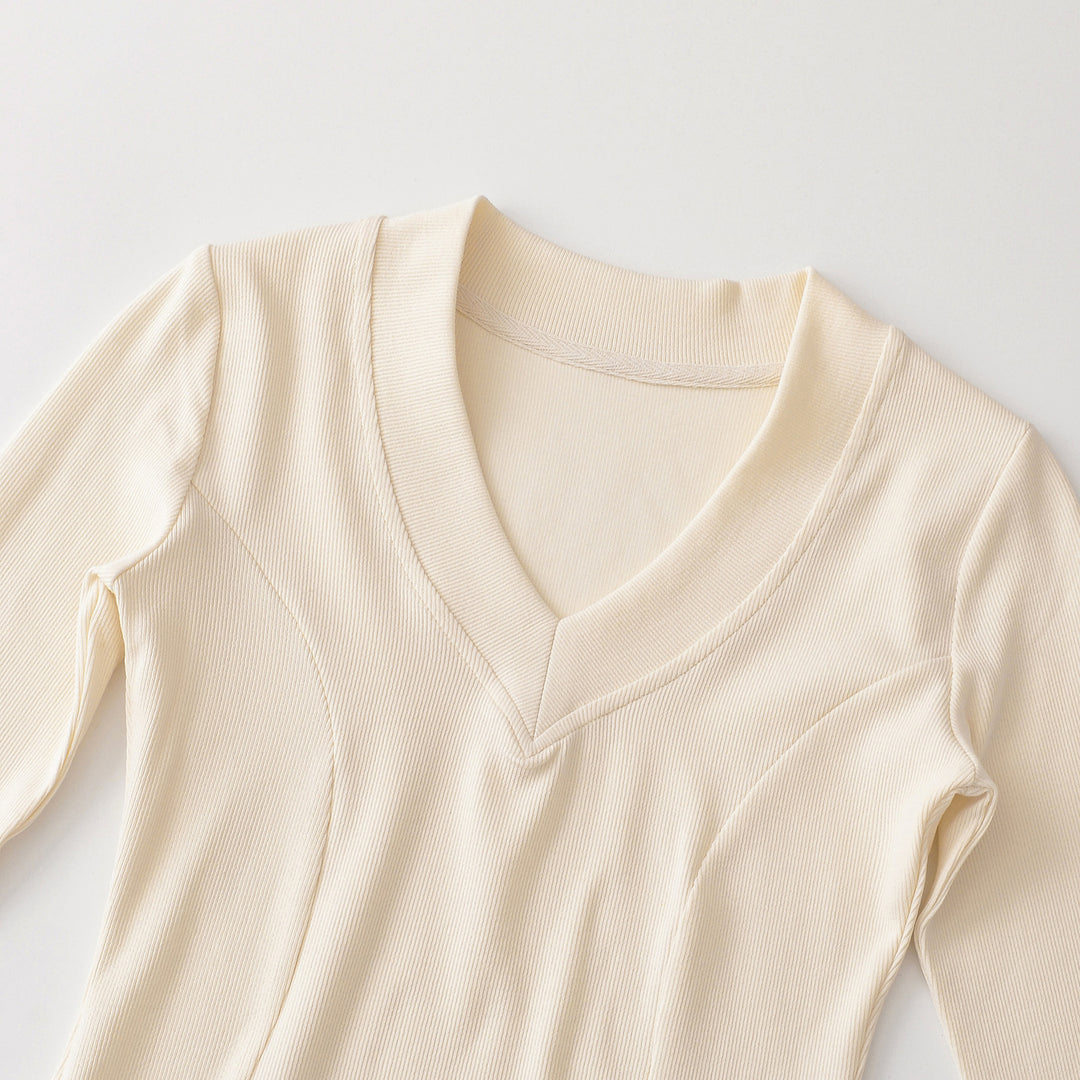 Women's Ribbed Long Sleeve Shirt with V-Neck and Tailored Fit Amarae