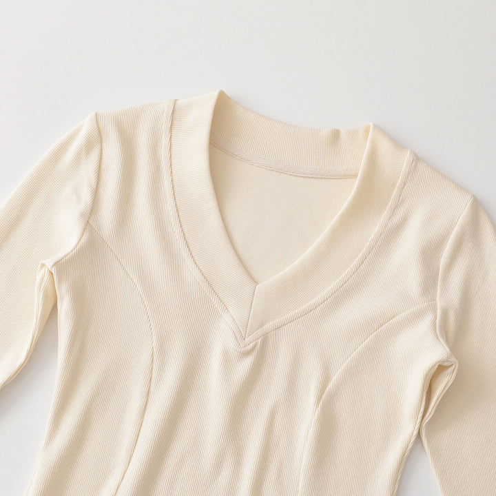 Women's Ribbed Long Sleeve Shirt with V-Neck and Tailored Fit Amarae
