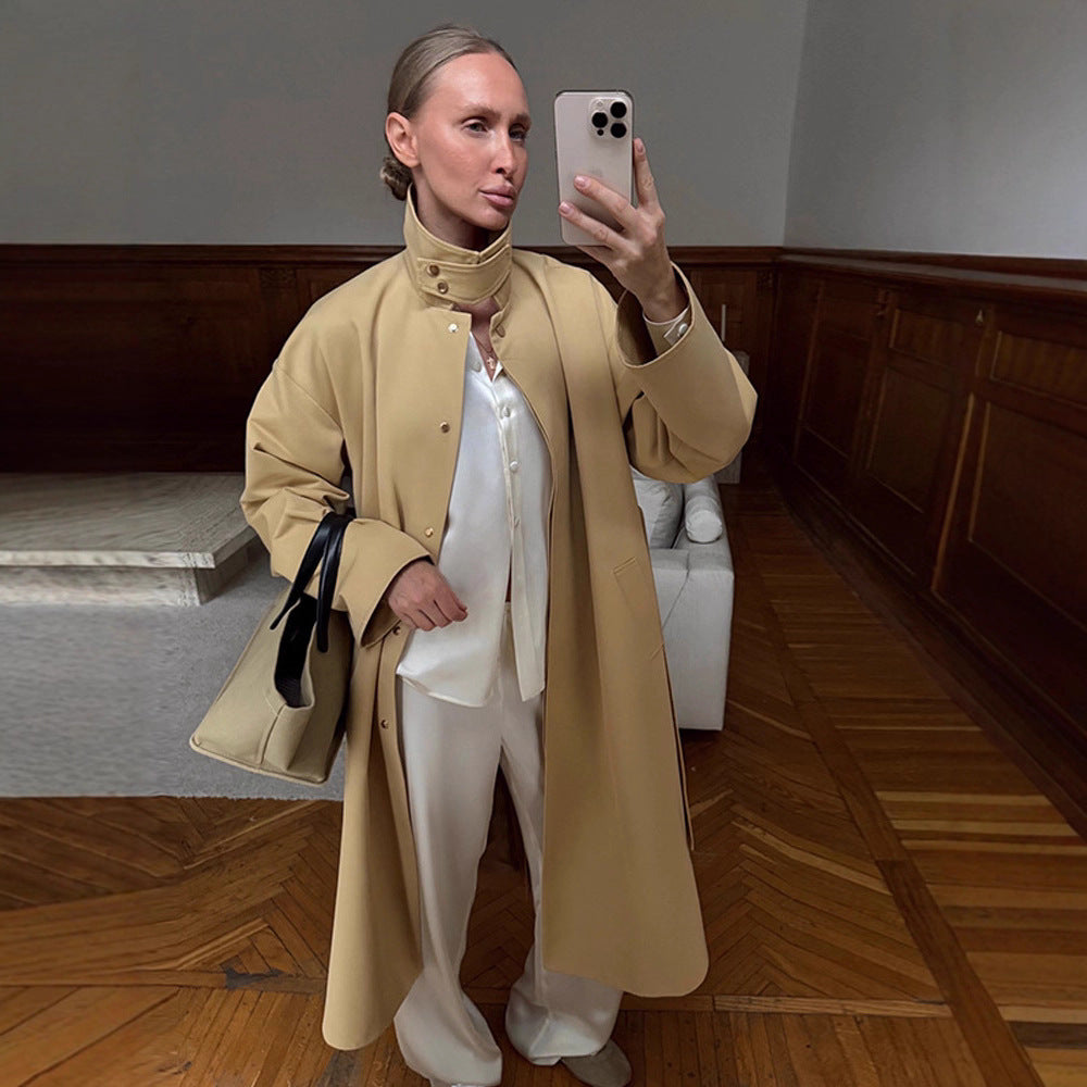 Ladies Maxilong Oversize Trench Coat with Stand Collar and Concealed Snap Placket Amarae