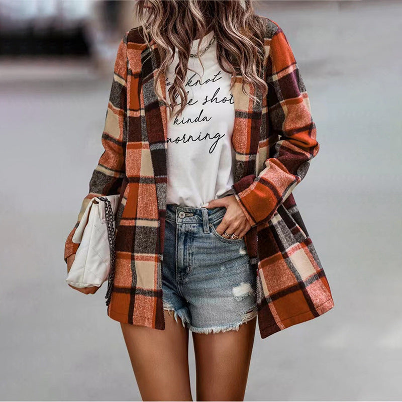 Women Checked Long Blazer Shacket Without Collar, Open Cut Amarae