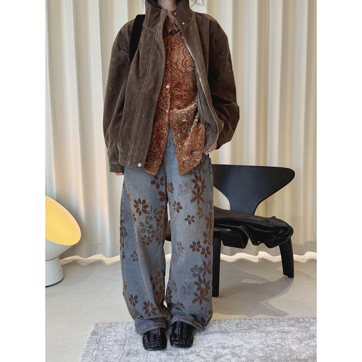 Women's High-Waisted Baggy Jeans with Floral Velvet Print Amarae