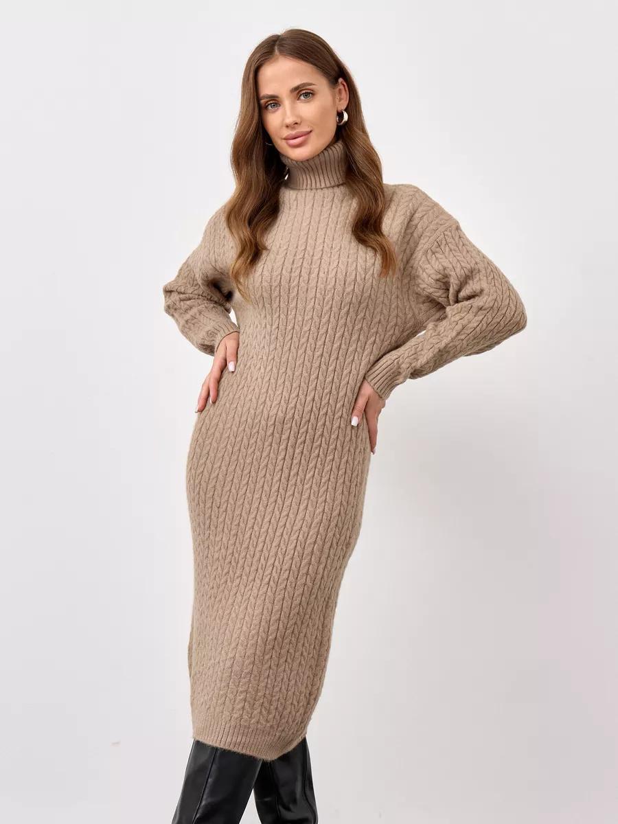 Knit dress for women with high collar and cable knit pattern Lune London