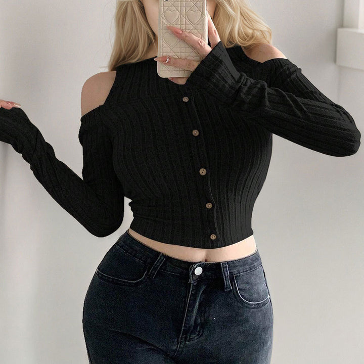 Long sleeve sweater for women, short, with off-shoulder details and button closure Chic & Stil
