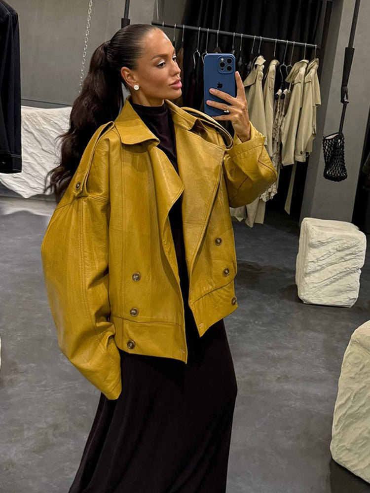 Women Oversize Leather Jacket with Voluminous Balloon Sleeves and Short Boxy Silhouette Amarae