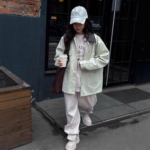 Casual oversized jacket for women with leather collar and practical pockets Amarae