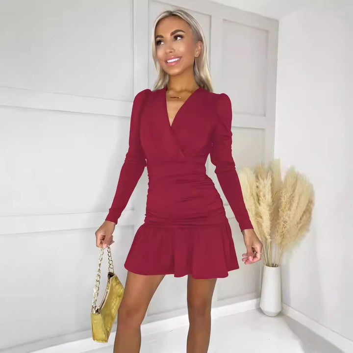 Women Figure-flattering Wrap Dress with Long Sleeves and Ruffle Hem Lune London