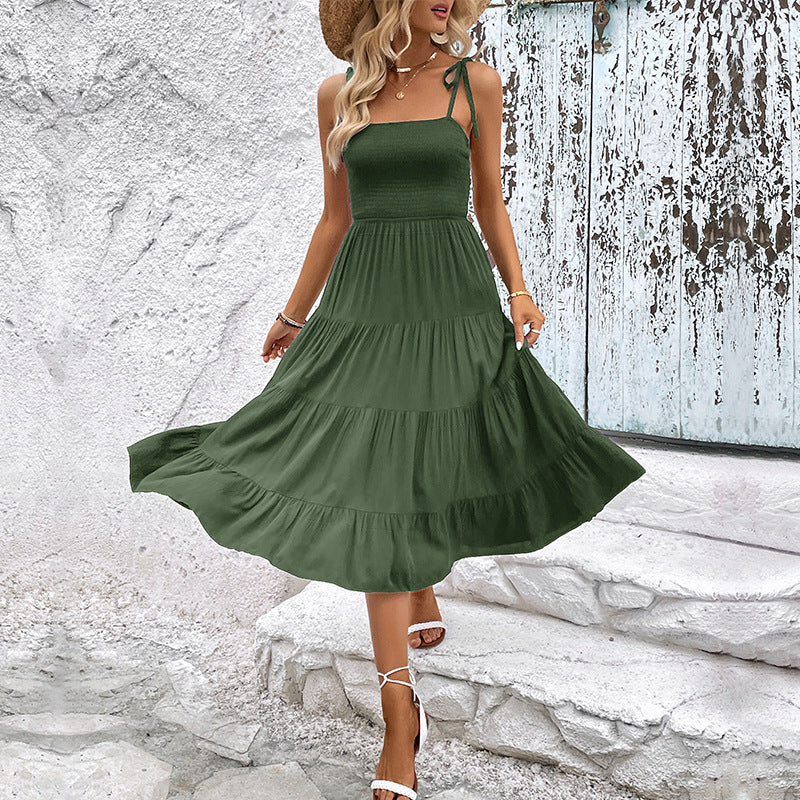 Elegant midi dress with ruffles for women with adjustable straps Lune London