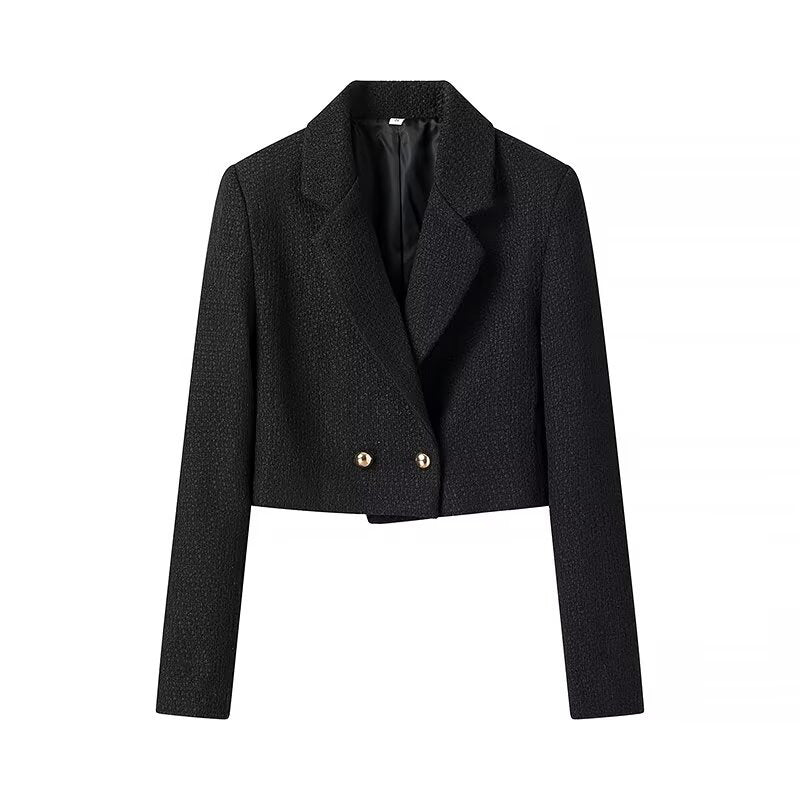 Women's Cropped Bouclé Tweed Blazer with Boxy Silhouette and Golden Decorative Buttons Amarae