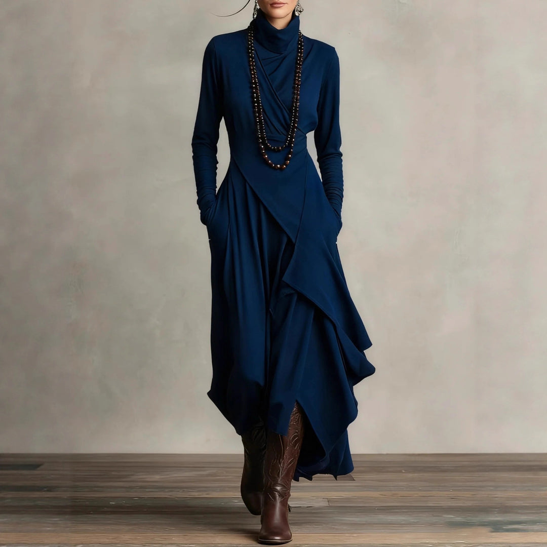 Women's Elegant Maxi Dress with Draped Top and Asymmetrical Cut Lune London