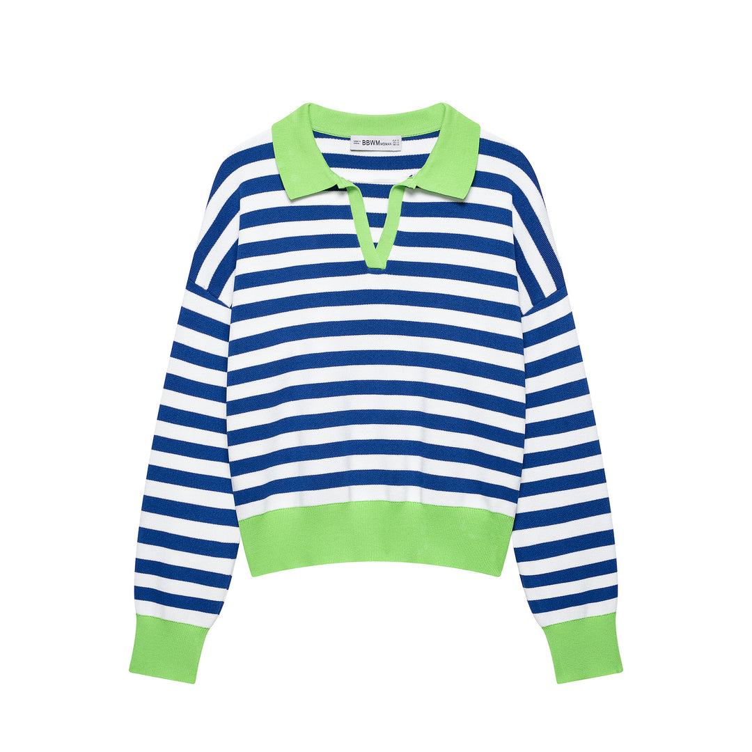 Women's Striped Polo Sweater with V-Neck, Loose Body and Contrasting Cuffs Amarae