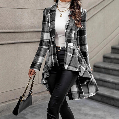 Women Elegant and Flowing Plaid Jacket with Asymmetrical Hem Amarae