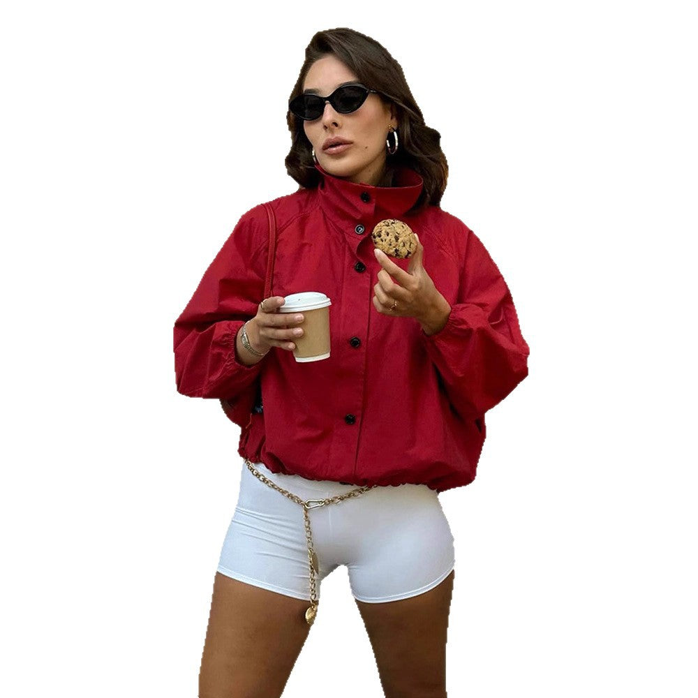 Women's Oversize Short Bomber Jacket with High Stand Collar, Concealed Snap Button Placket and Drawstring Hem Amarae