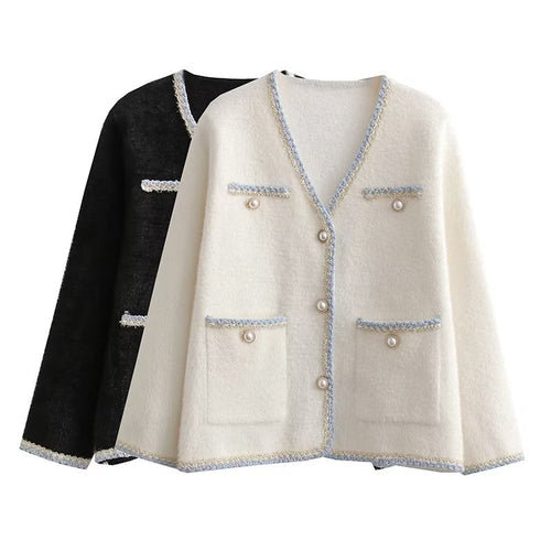 Elegant knitted cardigan for women with decorative pearl buttons and practical pockets Amarae