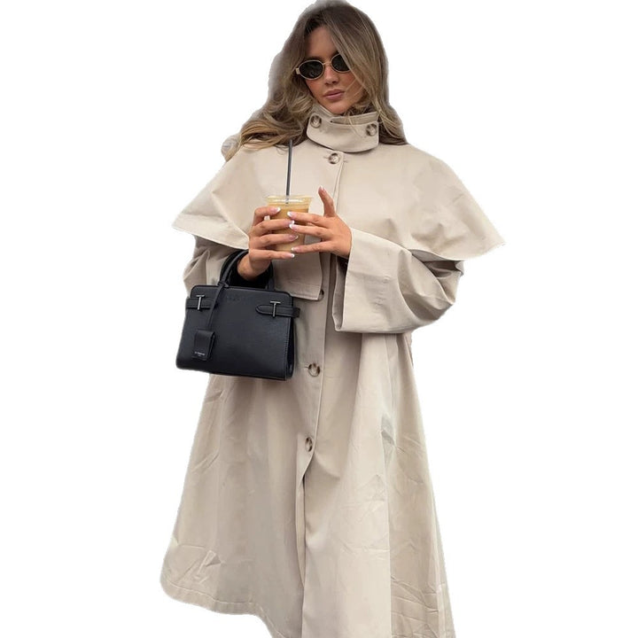 Ladies Oversize Trench Coat with Cape Detail and High Stand Collar Amarae