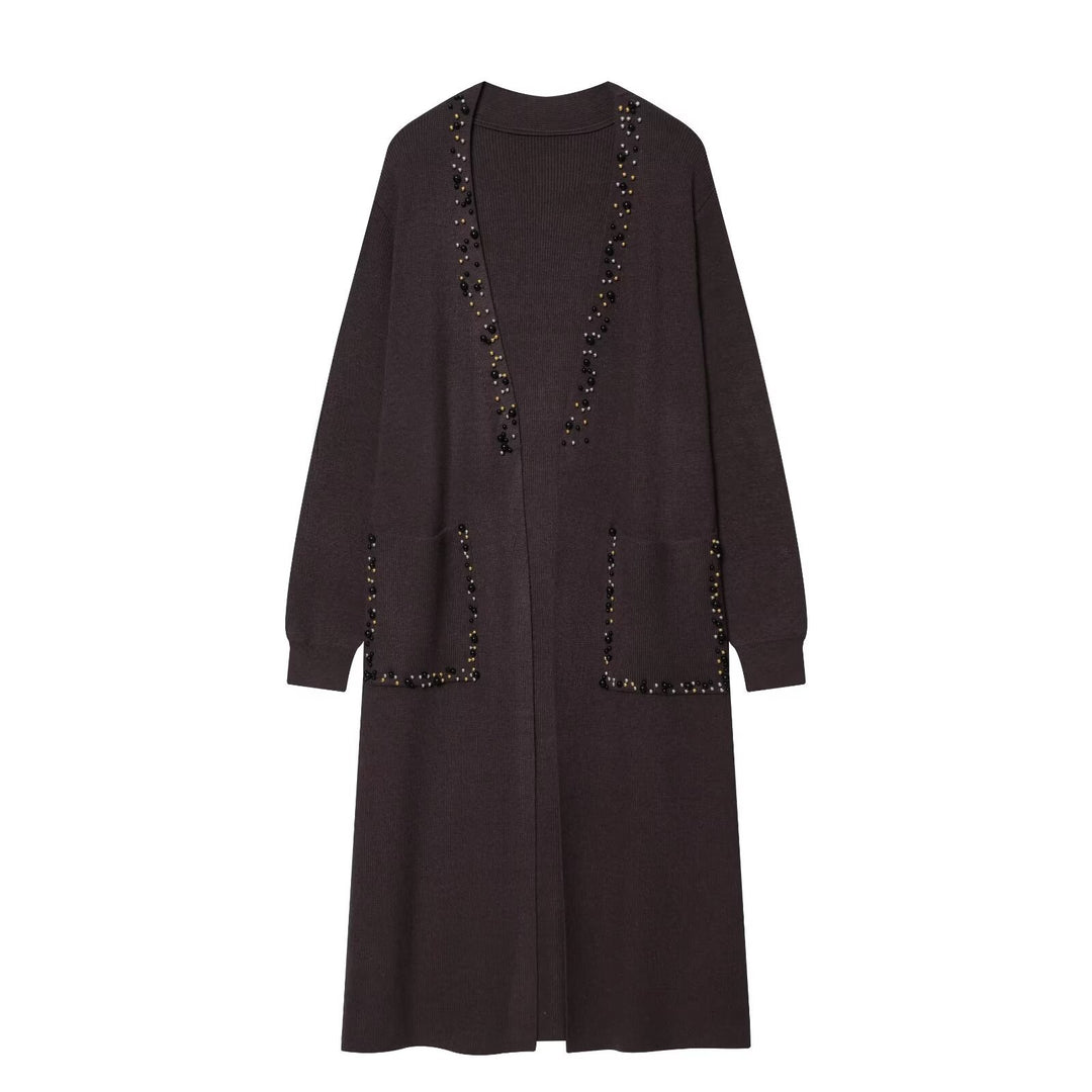 Ladies long knitted cardigan with pearl detailing Amarae