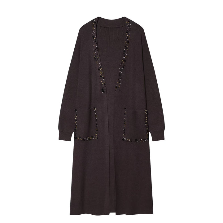 Ladies long knitted cardigan with pearl detailing Amarae