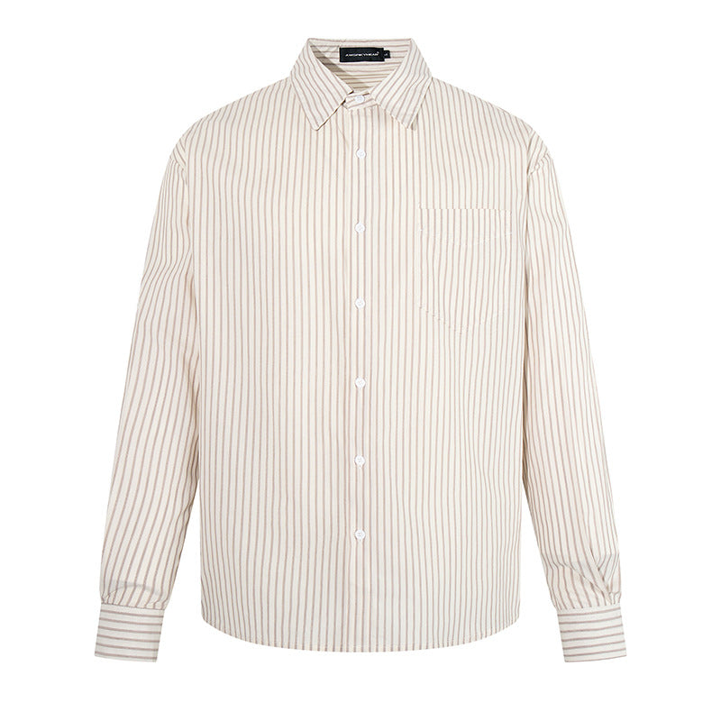 Men's Loose Shirt with Kent Collar, Fine Vertical Stripes and Chest Pocket Amarae