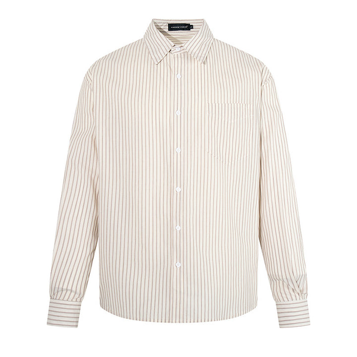 Men's Loose Shirt with Kent Collar, Fine Vertical Stripes and Chest Pocket Amarae