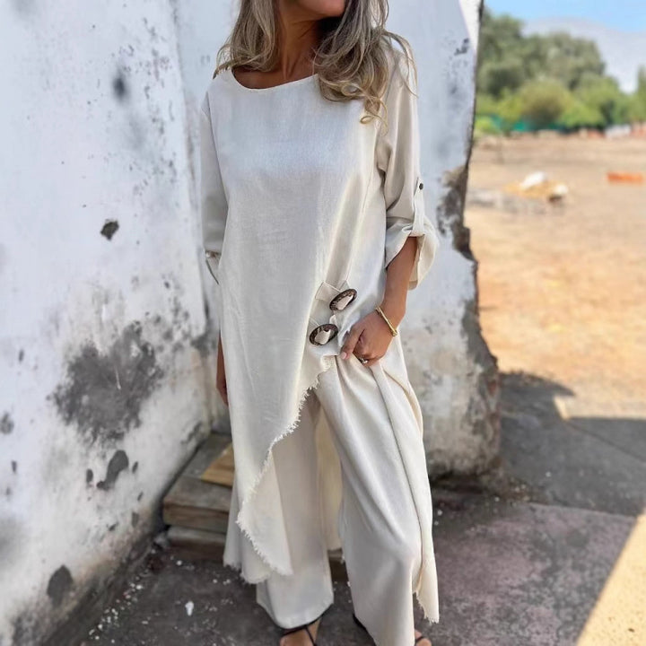 Casual maxi dress for women with a deep round neckline and practical button details Lune London