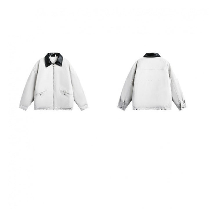Unisex Boxy transitional jacket with contrasting faux leather collar and concealed zipper Amarae