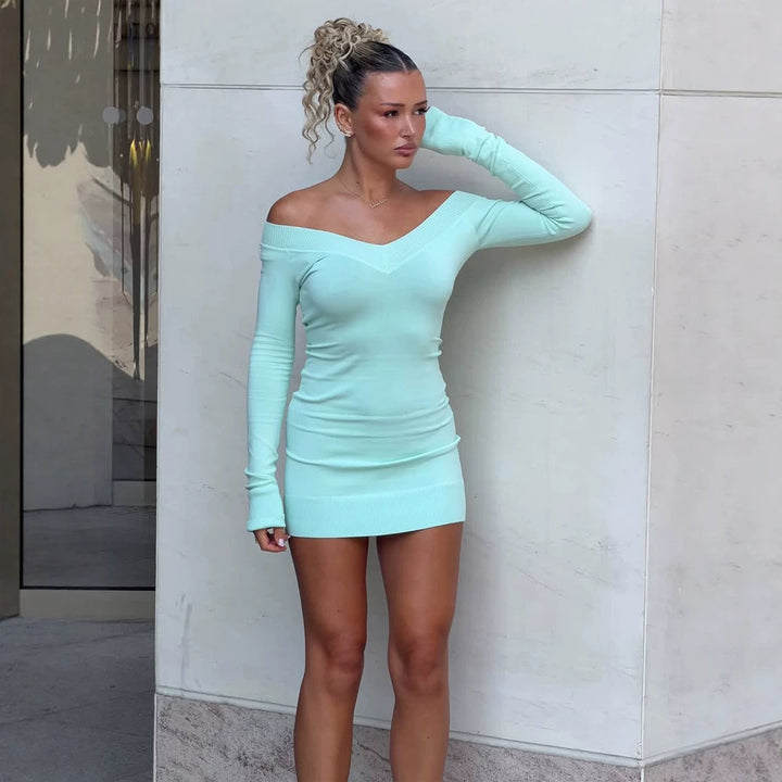 Women's Figure-Hugging Off-Shoulder Knit Mini Dress with V-Neck and Long Sleeves Amarae