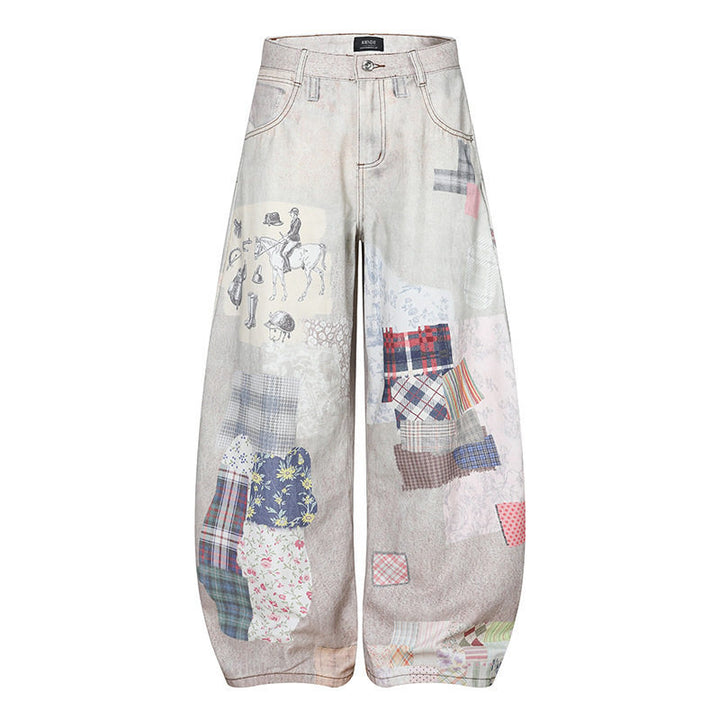 Women's Wide High-Waist Culotte Jeans with Patchwork Print and Balloon Silhouette Amarae