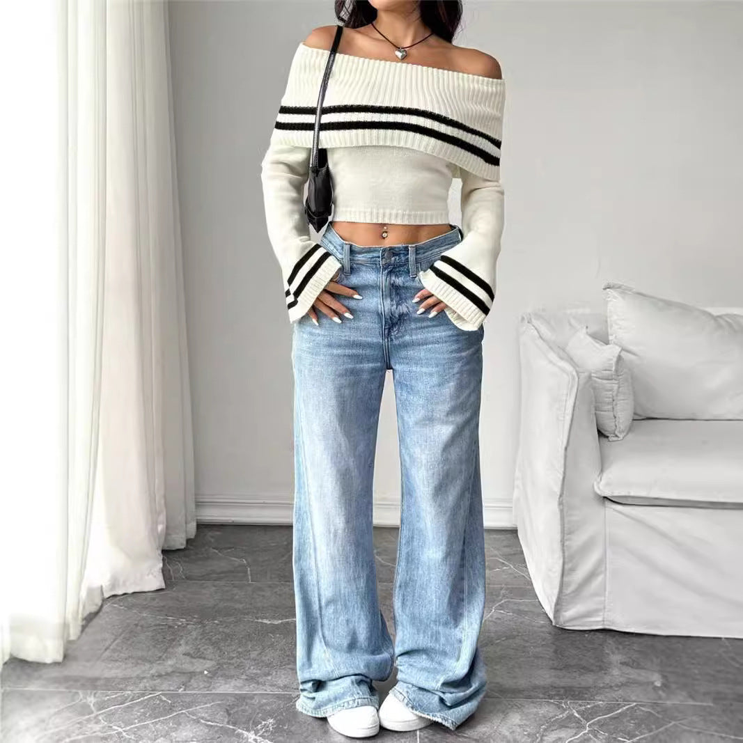Ladies Off-Shoulder Crop Pullover with Casual Chic Stripes and Style
