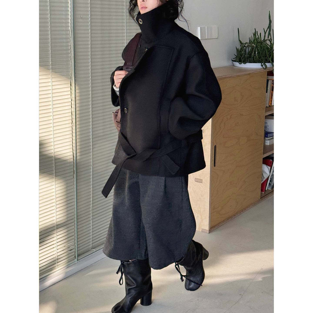Women Short Tailored Wool Coat with Ties and Wide Stand-Up Collar Amarae