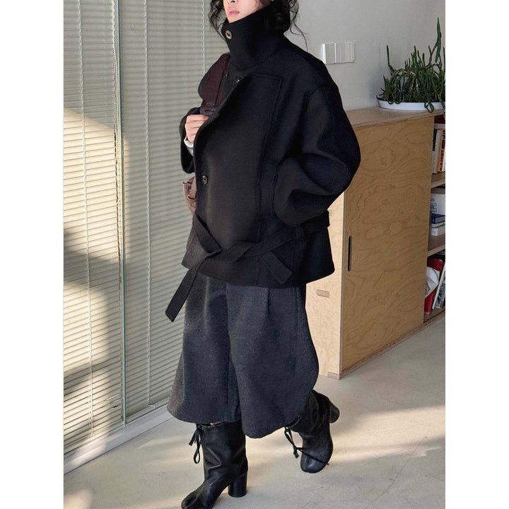 Women Short Tailored Wool Coat with Ties and Wide Stand-Up Collar Amarae