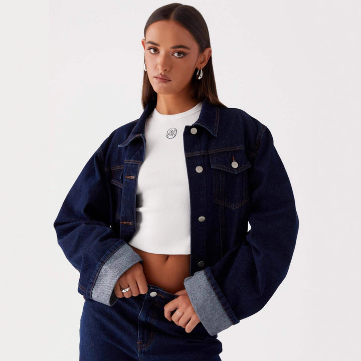 Women trendy denim jacket in casual cut with patch pockets and button details Lune London