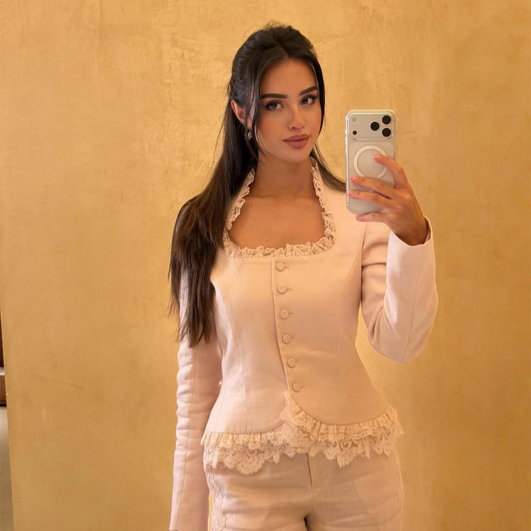 Women Tailored Blazer with Lace Trim, Buttonless and Peplum Amarae