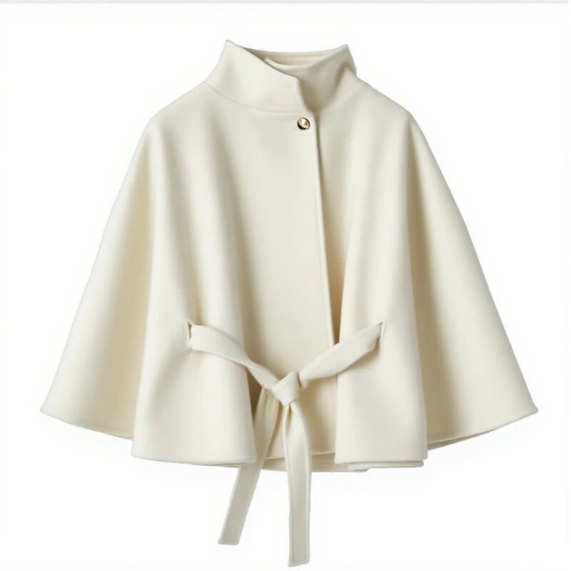 Elegant women's coat with hood, tie belt and high collar Lune London
