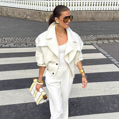 Women's Oversized Boxy Blouse with voluminous sleeves and high-cut pleated pants Amarae
