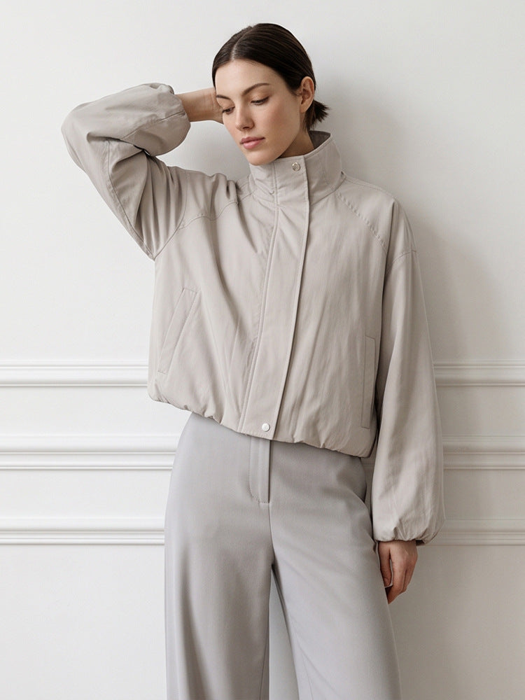Women's Short Cut Stand Collar Bomber Jacket with Elastic Hem and Raglan Sleeves Amarae