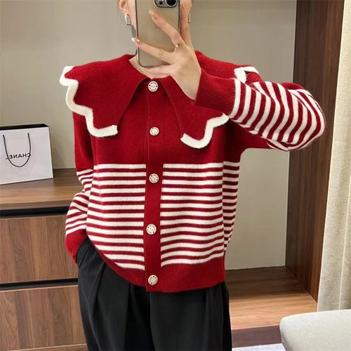 Knitted jacket for women with a large ruffled collar and contrasting stripes Amarae