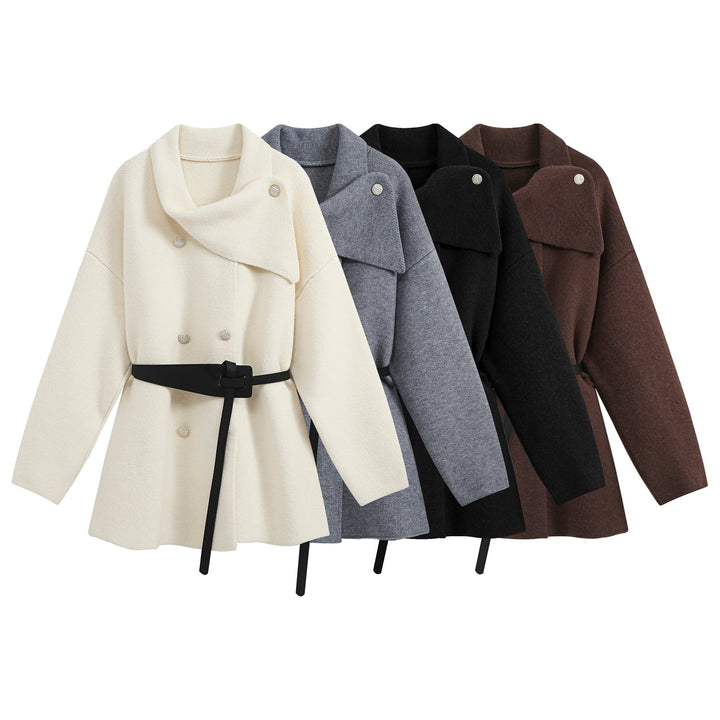 Women's Short Blouson Coat in Cocoon Cut with Asymmetrical Shawl Collar and Waist Belt Amarae
