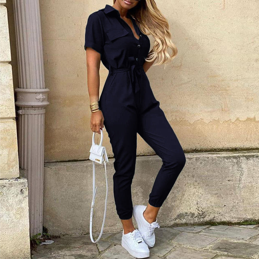Casual jumpsuit for women with fitted cut and full button placket Lune London