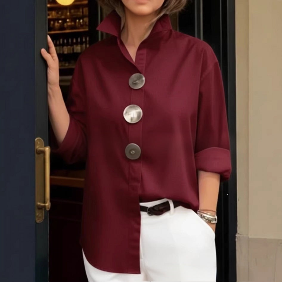 Women's stylish shirt with large button details and a chic standing collar Lune London