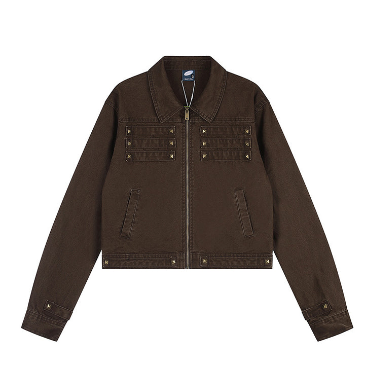 Women’s Short Cut Canvas Jacket with Shirt Collar and Pyramid Studs Amarae