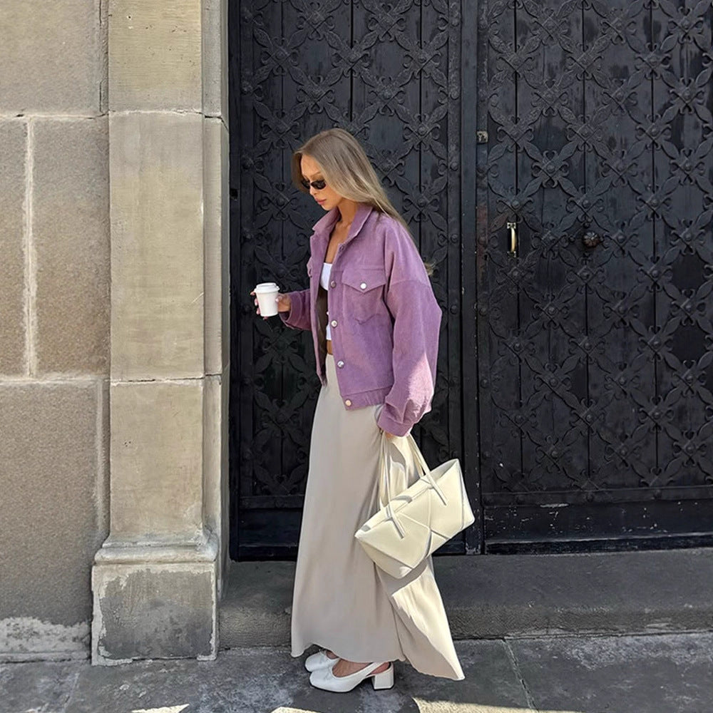 Women’s Oversize Cord Jacket in Cropped Cut with Flap Pockets and Boxy Silhouette Amarae
