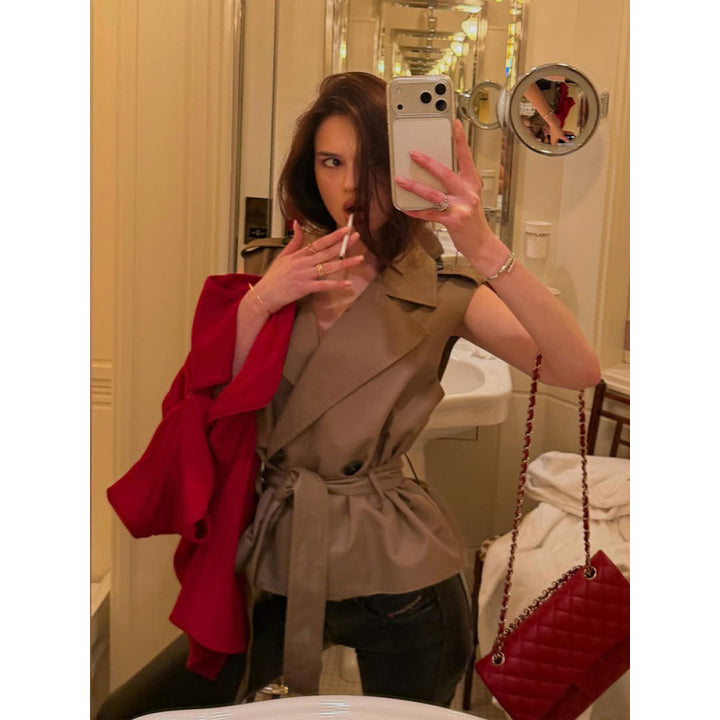 Women’s Sleeveless Tailored Trench Vest with Ties & Shoulder Flaps Amarae