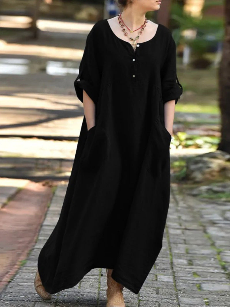 Long dress for women with button details and practical pockets Lune London