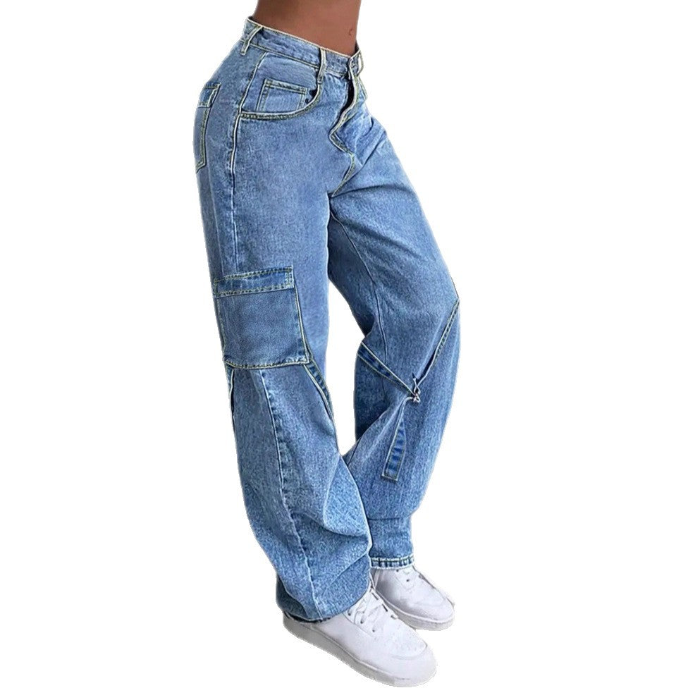 Women's Casual Baggy Cargo Jeans with Adjustable Straps and Flap Pockets Amarae
