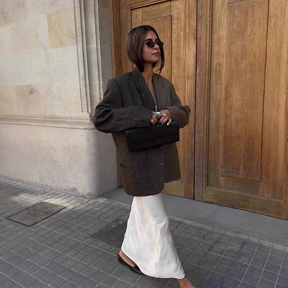 Women's Oversize Glencheck Long Blazer with boxy silhouette and structured shoulder