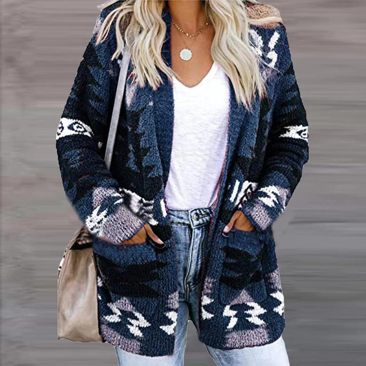 Ladies elegant cardigan with asymmetrical pattern and patch pockets Lune London