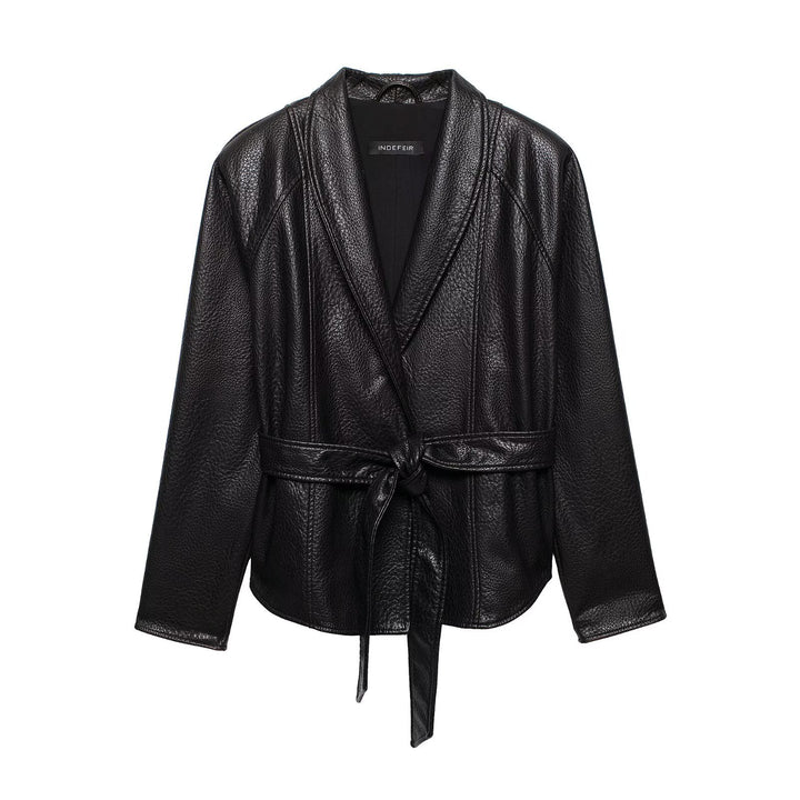 Women Short Jacket in Leather Look with Shawl Collar and Waist Tie Belt Amarae
