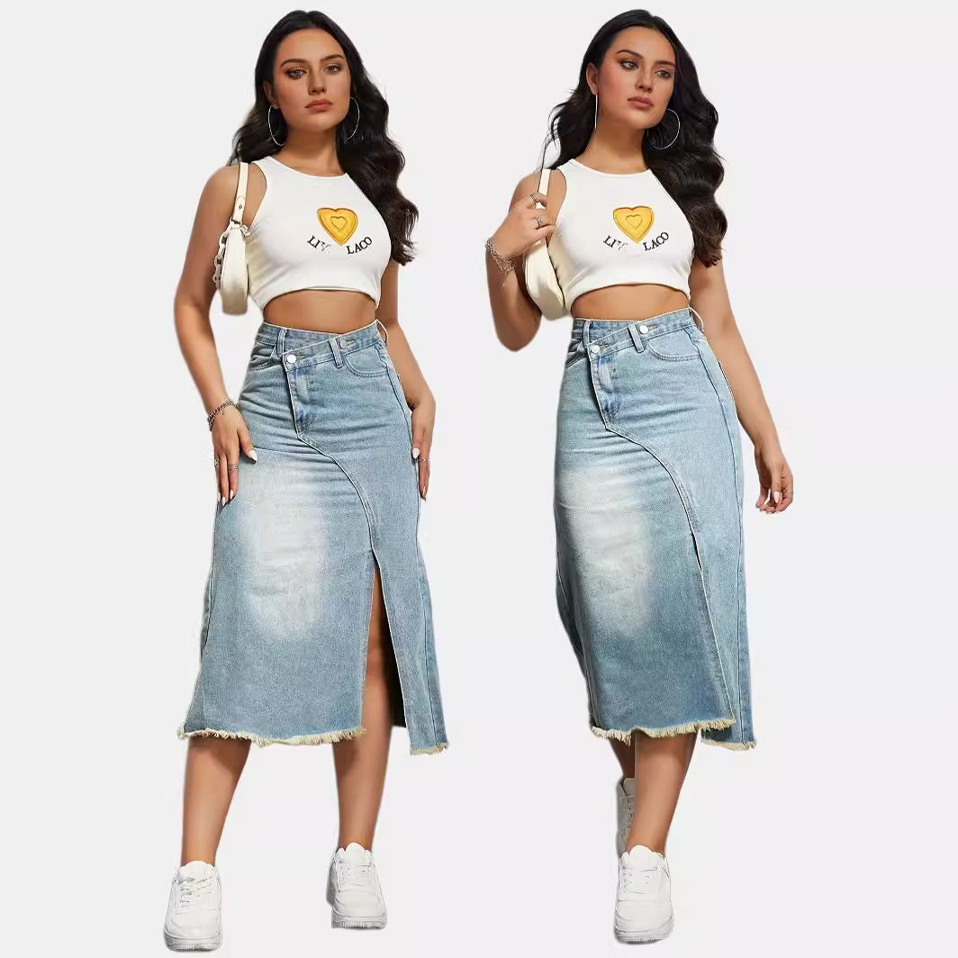 Chic & Stil Long Denim Skirt for Women with Asymmetrical Slit and Frayed Hem