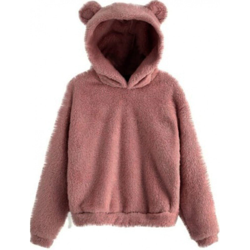 Women's Cozy Teddy Hooded Sweater with Bear Ears and Drawstring Hem Amarae