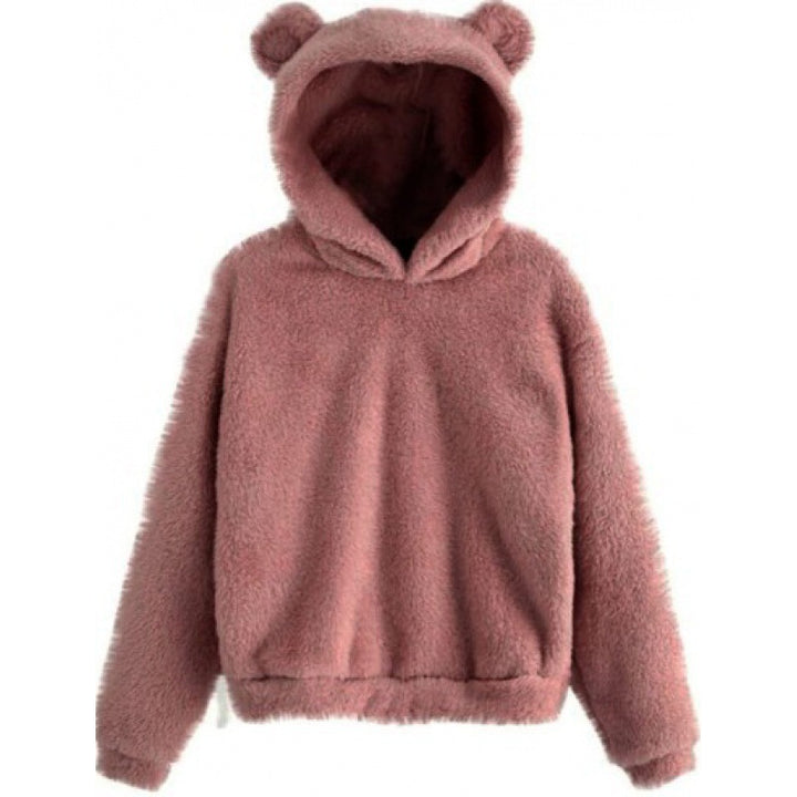 Women's Cozy Teddy Hooded Sweater with Bear Ears and Drawstring Hem Amarae